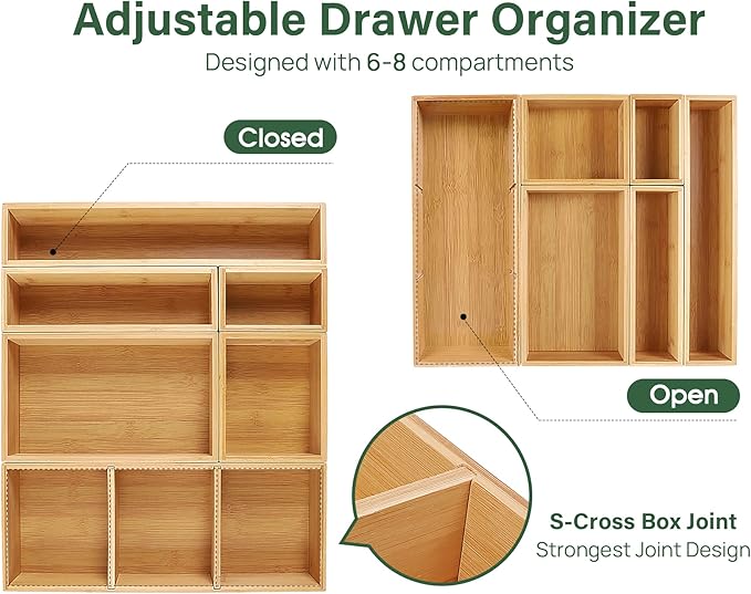 Kootek Bamboo Drawer Organizer with Removable Dividers, 6 Pcs Adjustable Kitchen Drawer Organizer Utensils Bamboo Organizers Silverware Storage Box Cutlery Tray Multi-Use for Bathroom, Makeup, Office-CasaMuseHome