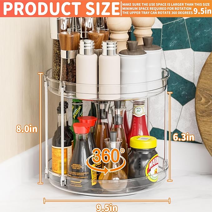 2 Tier Lazy Susan Turntable for Cabinet,Countertop,Pantry,9.5"W Spinning Seasoning Organizer,Double Rotating Kitchen Spice Rack Organizer and Condiments,Medicine,Vitamin Bottle Organizer Carousels,1Pc-CasaMuseHome