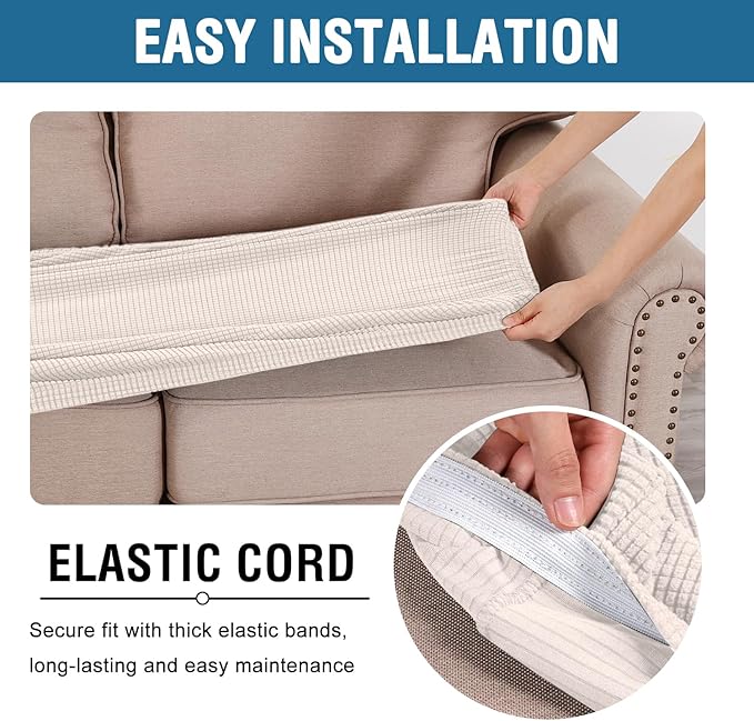 H.VERSAILTEX Super Stretch Individual Seat Cushion Covers Sofa Covers Couch Cushion Covers Slipcover Sets Thick Jacquard Textured Twill Fabric (1 Piece Loveseat Cushion Cover, Ivory)-CasaMuseHome