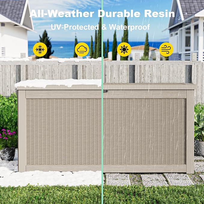 260 Gallon Outdoor Deck Box,Storage Lockable Waterproof Patio Furniture,Garden Tools,Cushions,Pool Accessories Outside Storage Resin Box(Grey)-CasaMuseHome