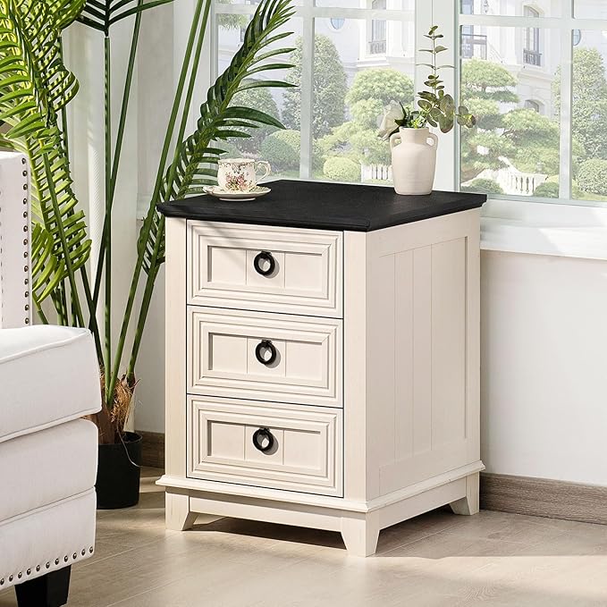 18" Farmhouse Night Stand with 3 Drawers, Wood End Table Dresser for Bedroom, White Nightstand, Bed Side Table with Metal Handle, Bedside Cabinet for Bedroom Living Room, Closet-CasaMuseHome