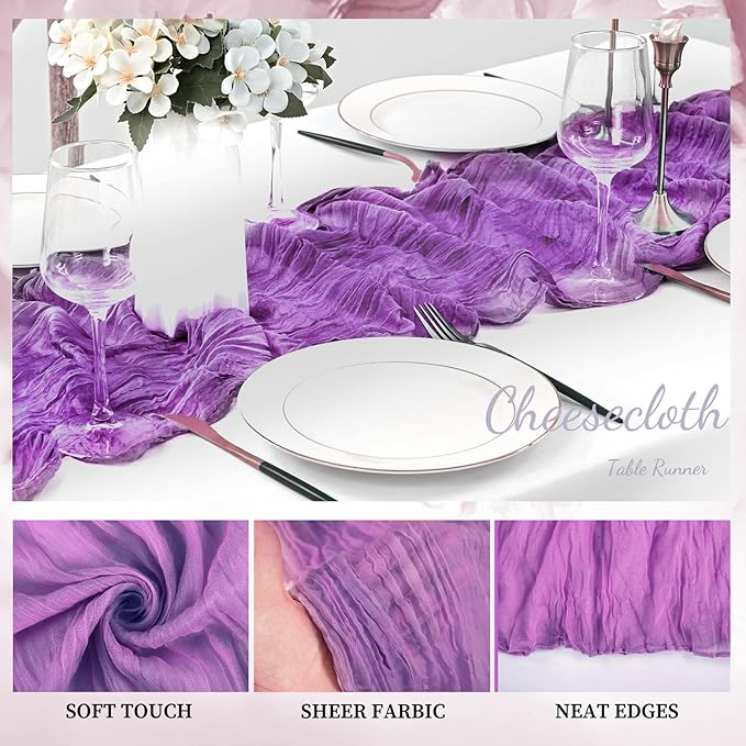 12 Pack Purple Cheesecloth Table Runner 10FT Boho Fabric Rustic Cheese Cloth Table Runner for Wedding Bridal Shower Baby Shower Gauze Sheer Birthday Party Table Decorations 20 x 120 Inch Long-CasaMuseHome