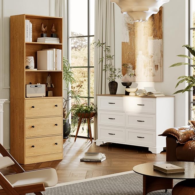 71" Tall Bookshelf with Storage, Bookcase with Drawers, Farmhouse Wooden Corner Book Shelves, Mid Century Modern Book Shelf Wall Standing Home Decor Furniture for Living Room, Bedroom, Office, Kitchen-CasaMuseHome