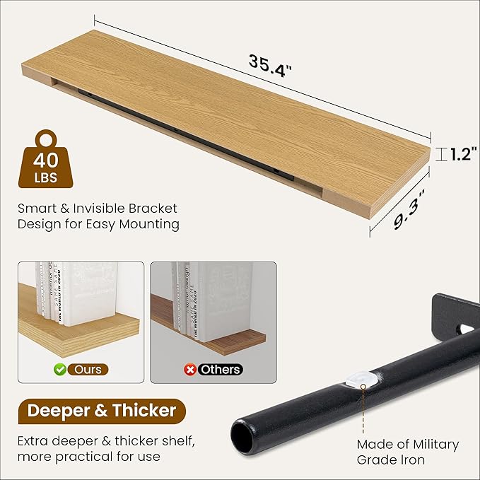 36 Inch Floating Shelves, 9.3 Inch Deep Rustic Wall Shelves - Extra Deeper Wall Mounted Storage Shelves for Bathroom, Kitchen, Living Room (Oak, Set of 2)-CasaMuseHome