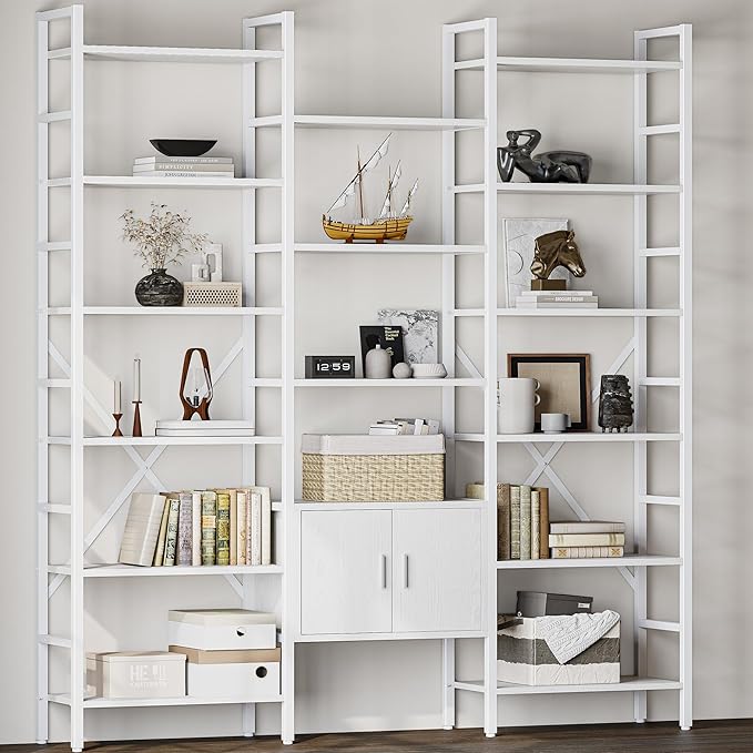 70x78 “ Triple 6 Tier Book Shelf, Industrial Large Bookcase with Storage Cabinet, Tall Bookshelf with 16 Open Display Shelves Metal Frame Furniture for Living Room Bedroom Home Office White-CasaMuseHome