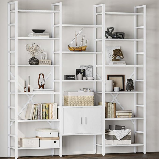 70x78 “ Triple 6 Tier Book Shelf, Industrial Large Bookcase with Storage Cabinet, Tall Bookshelf with 16 Open Display Shelves Metal Frame Furniture for Living Room Bedroom Home Office White-CasaMuseHome