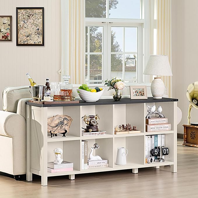 8 Cube Book Shelf, Farmhouse Wood Long Storage Organizer Bookcase, 62" Horizontal Antique White & Black Console Bookshelf, Kids Toy Storage Cabinet, Modern Open Book Case for Playroom, Office-CasaMuseHome