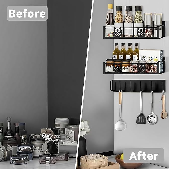 3 Pack Moveable No Drilling Heavy Magnet Spice Rack for Refrigerator Organizers and Storage,Space Saving Kitchen Organization with Magnetic Hooks,Owl Kitchen & Home Decor(Black)-CasaMuseHome