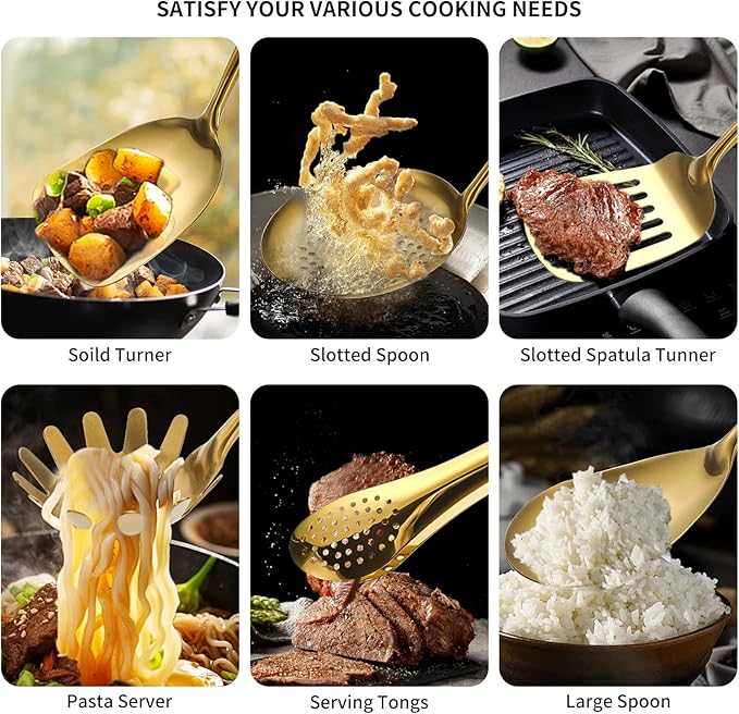 304 Stainlss Steel Matte Kitchen Utensils Set, 12 Pcs Long Metal Cooking Utensil Gadgets Tools Set with Spatula, Ladle, Spoon, Ladle, Skimmer, Tunner, Pasta Server, Tongs(Gold, Dishwasher Safe)-CasaMuseHome