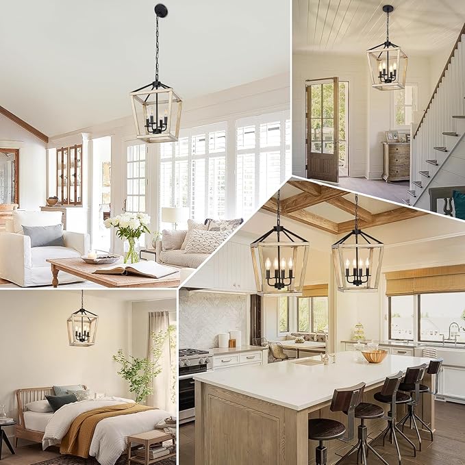 4 Light Chandelier Fixture, Farmhouse Light Fixtures Geometric Metal Cage Modern Ceiling Light with Adjustable Height, E12 Base Hanging Lights for Kitchen Island, Dining Room, Living Room, Indoor-CasaMuseHome