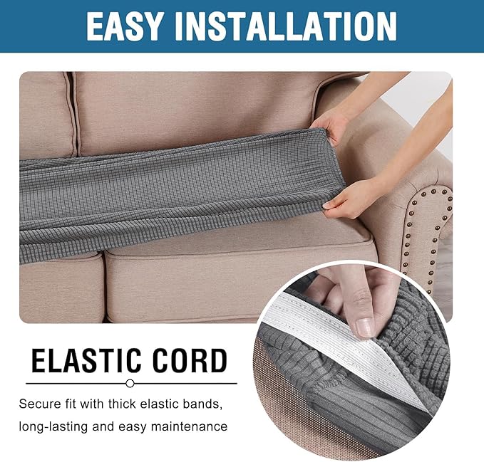 H.VERSAILTEX Super Stretch Individual Seat Cushion Covers, Thick Jacquard Textured Twill Fabric (3 Piece XL Sofa Cushion Covers, Grey)-CasaMuseHome