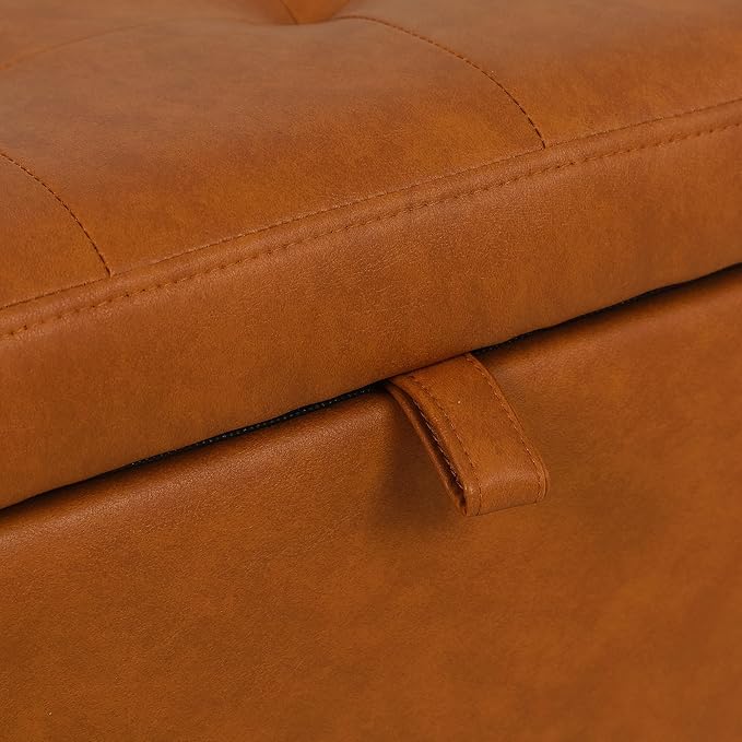 Adeco 17.5" Faux Leather Storage Ottoman with Hinged Lid, 14 Inch High Square Cube Foot Stool with Storage, Upholstered Vanity Stool with Solid Wood Legs for Living Room, Bedroom, Dorm (Warm Orange)-CasaMuseHome