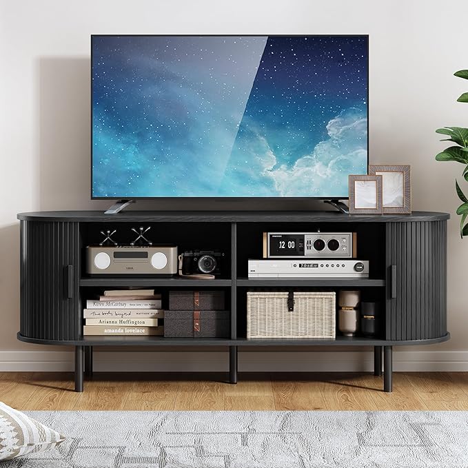 63" TV Stand with Power Outlet, Modern Media Console with Sliding Doors, Entertainment Center for TVs up to 60 Inch, Adjustable Shelves, Black-CasaMuseHome