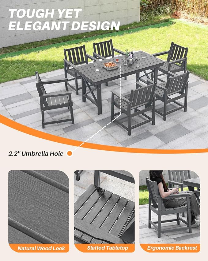 7 Pieces HDPE Outdoor Dining Set, Patio Dining Set with Umbrella Hole, All Weather Outdoor Dining Table Sets for 6, HDPE Patio Furniture Sets for Deck, Backyard, Lawn, and Poolside, Smoke Gray-CasaMuseHome
