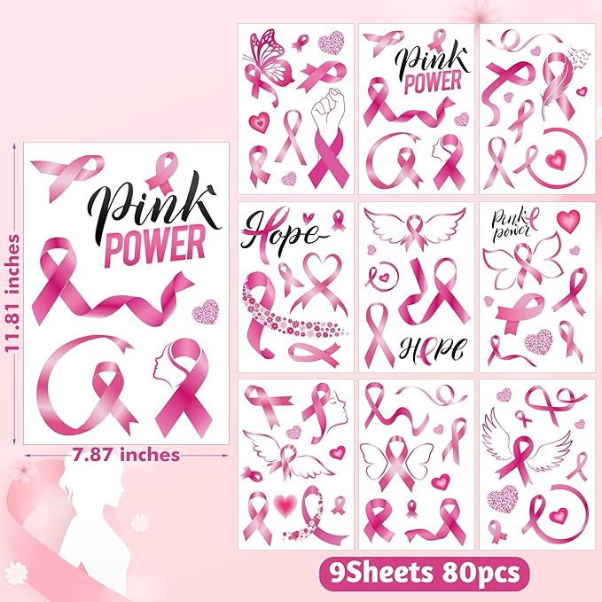9 Sheets Breast Cancer Awareness Window Clings, 77 Kinds of Pink Window PVC Stickers for Pink Ribbon Decorations, Hope Fight Cancer Theme Windows Decals for Glass Home Decor Supplies-CasaMuseHome