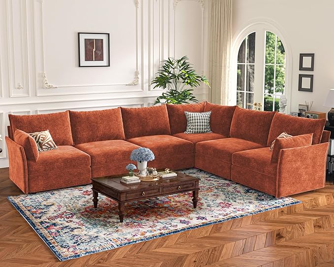 135.5" Oversized Modular Sectional Sofa, L Shaped Convertible Couch with Movable Ottoman, Large 6 Seat Corner Couches for Living Room Deep Seat Terracotta Orange Chenille-CasaMuseHome