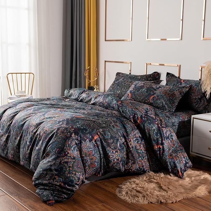 ABREEZE Luxury Vintage Black Duvet Cover Sets Damask Paisley Bedding Set Retro 100% Brushed Cotton Zipper Closure Bedding Collection Cal.King-CasaMuseHome