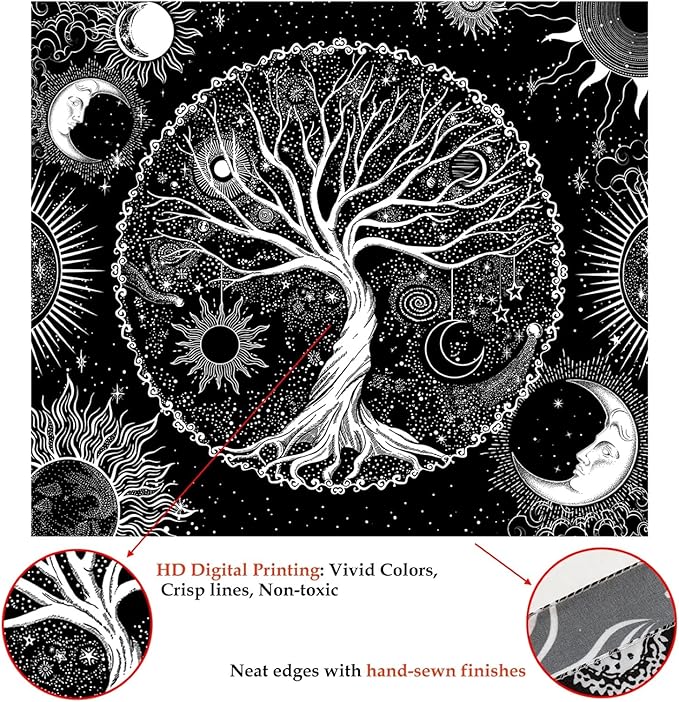 AACKart Tree of Life Tapestry for Bedroom Aesthetic Room Decor-Black and White Spiritual Tree Tapestry Wall Hanging with Sun Moon Star 78.7×59.1 inches-CasaMuseHome