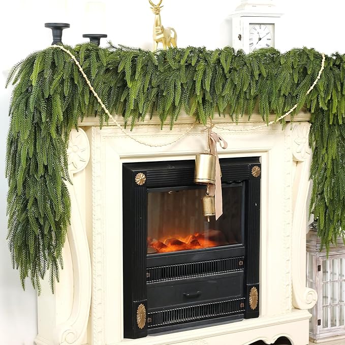 9FT Christmas Norfolk Pine Garland -2PCS, Artificial Pine Needles Garlands Faux Greenery Fake Garland for Holiday Fireplace,Table,Window,Stairs,Mante,Indoor Outdoor Decor-CasaMuseHome