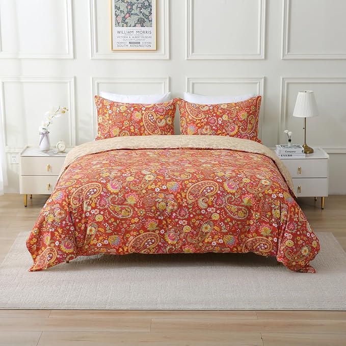 ABREEZE Paisley Bedding Sets 3Pcs Brushed Cotton Duvet Cover Set King Size Rustic Damask Red Floral Comforter Cover with Zipper Closure Boho Bedding Collections-CasaMuseHome