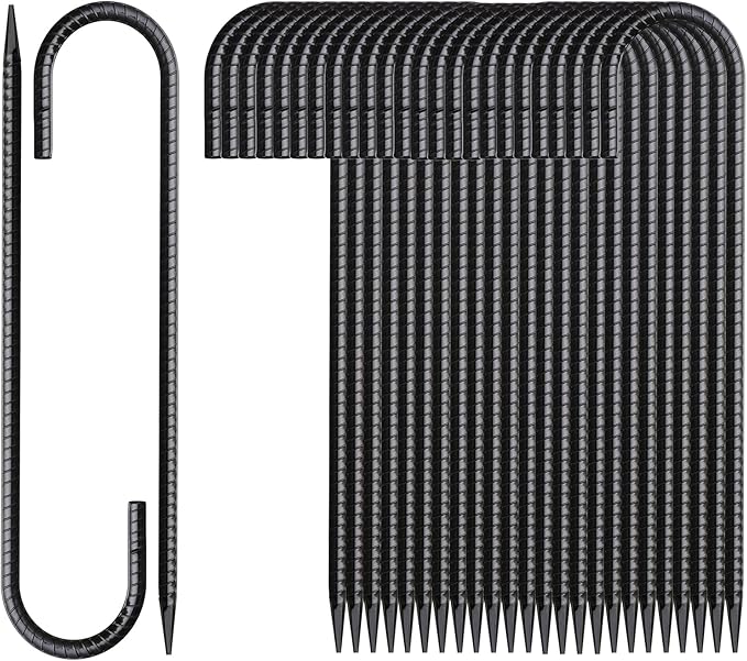 16 Inch Rebar Stakes J Hook 26 Pack Ground Stakes Heavy Duty Tent Stakes with Chisel Point End Chain Link Fence Stakes Galvanized Steel Ground Anchors Metal Spikes Black Coated-CasaMuseHome