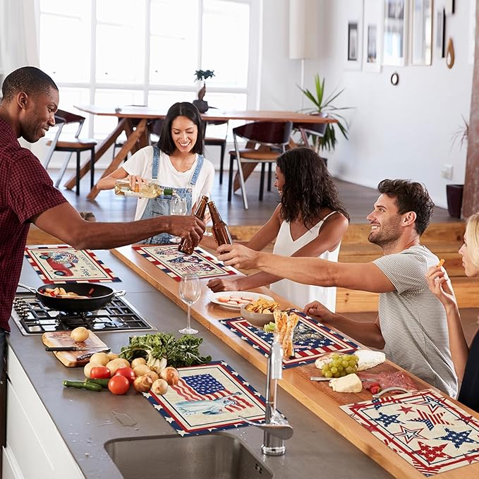 4th of July Placemats Set of 6 Patriotic Plastic Table Mats Independence Memorial Day Vintage America Flag Stars Stripe Place Mats Vinyl Table Decoration for Indoor Outdoor Party Kitchen Dining-CasaMuseHome