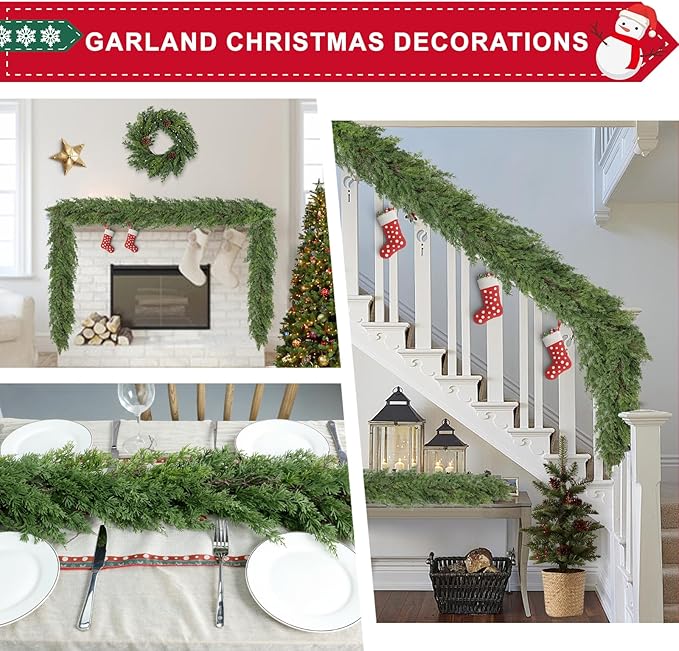 6 Ft Real Touch Christmas Garland,Thick and Lush，Soft Bendable, Lifelike Cedar Garland Realistic, Garlands for Decoration Christmas，Christmas Garland for Mantle,Outdoor Indoor Christmas Decorations-CasaMuseHome