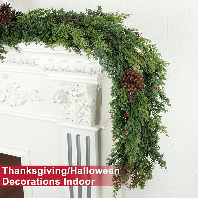 6 Ft Real Touch Christmas Garland Indoor with Pine Cone,Thick and Lush，Soft Bendable Mantle Garland Christmas, Lifelike Cedar Garland, Christmas Garland for Mantle,Indoor Christmas Decorations-CasaMuseHome
