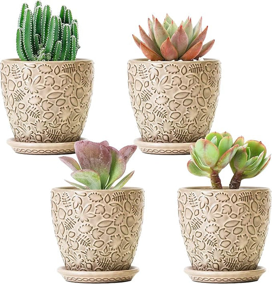 4 Inch Mini Plant Pots, Ceramic Succulent Planter with Drainage Hole and Saucers for Indoor Plants, Small Garden Pots for Succulent, Herb and Flower, Set of 4-CasaMuseHome