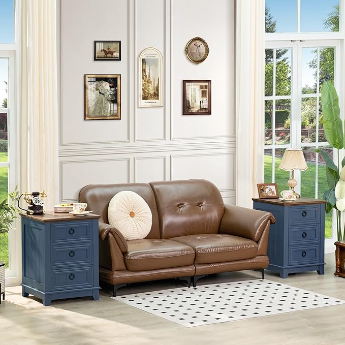 18" Farmhouse Night Stand with 3 Drawers, Wood End Table Dresser for Bedroom, Navy Blue Nightstand, Bed Side Table with Metal Handle, Bedside Cabinet for Bedroom Living Room, Closet-CasaMuseHome