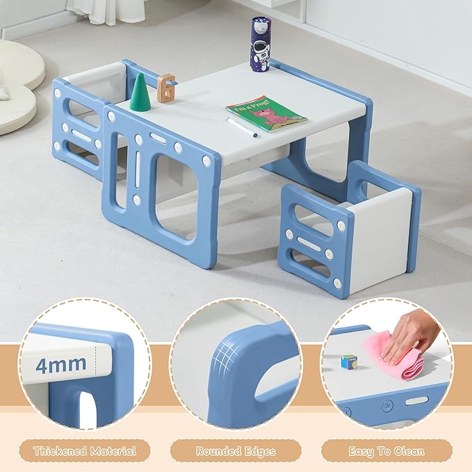 3 in 1 Montessori Weaning Table and 2 Chairs Set, Kids Activity Table Set, 2 Height Levels, Toddlers Activity Table for Drawing, Dining, Reading and Playing, Blue-CasaMuseHome