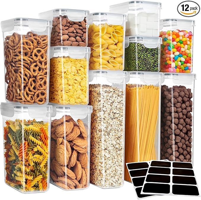 MR.SIGA 12 Pack Airtight Food Storage Container Set, BPA Free Kitchen Pantry Organization, Kitchen Canisters for Cereal, Spaghetti, includes 16 Reusable Sticker Labels-CasaMuseHome