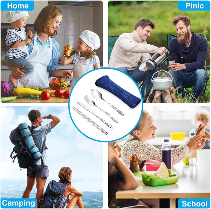 20PCS Premium Travel Utensils With Case, Stainless Steel Reusable Portable Utensils Set With Case, Lengnoyp Travel Silverware Set With Case for Lunch Box Camping, Silver-CasaMuseHome