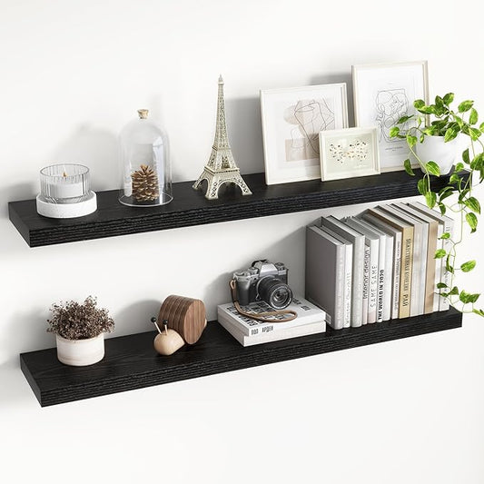 40 Inch Floating Shelves, 8 Inch Deep Floating Shelves for Wall, Hanging Shelf with Invisible Brackets, Deep Shelves for Bathroom, Bedroom, Living Room, Black, Set of 2-CasaMuseHome