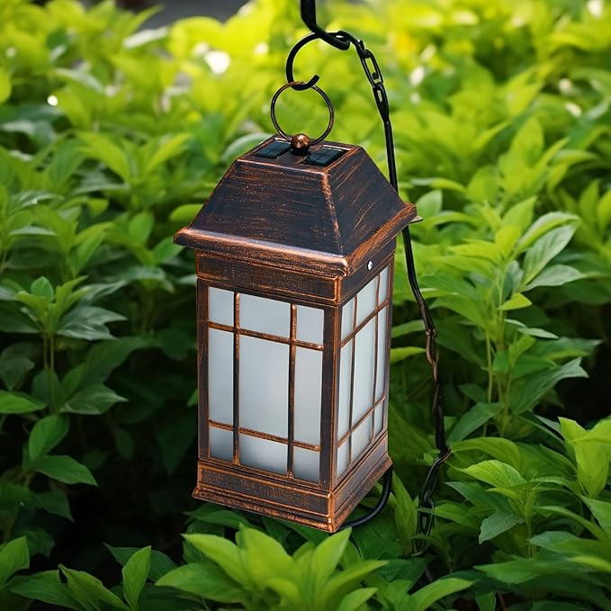 14" Solar Lantern Outdoor Waterproof, Glass Flickering Flame Solar Lanterns, Hanging Metal Lantern Decorative for Patio Front Porch Garden Backyard Tabletop Party Decoration-CasaMuseHome