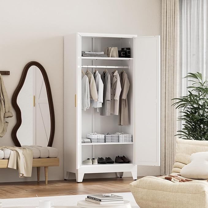 71'' Farmhouse Metal Wardrobe Cabinet with Hanging Rod, 2 Barn Door Wardrobe Closet with 2 Adjustable Shelves,for Dining Room,Bedroom,Living Room, Cloak Room,Office (White)-CasaMuseHome