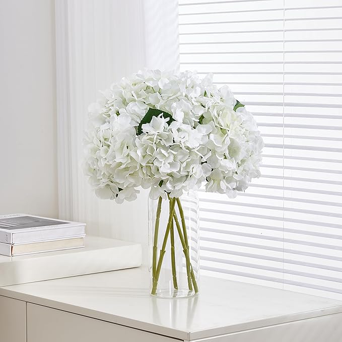 8Pcs White Fake Flowers Silk Hydrangea Artificial Flowers Bouquets Faux Ivory Hydrangea Stems for Home Table Centerpieces Wedding Party Decoration-CasaMuseHome