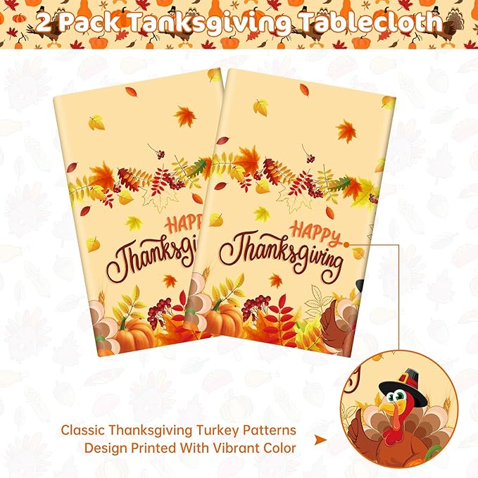 2 Pack Happy Thanksgiving Tablecloth - Fall Thanksgiving Turkey Table cloths, Disposable Plastic Rectangle Autumn Pumpkin Maple Leaf Table Cover for Thanks Giving Tables Decor Party Supplies,108x54In-CasaMuseHome