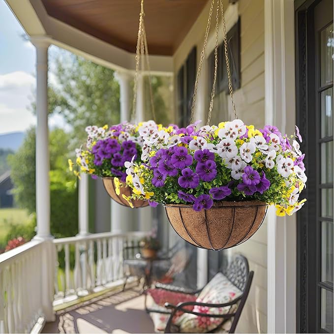 18 Bundles Artificial Fake Pansy Flowers for Outdoor, Faux UV Resistant Silk Pansies Flowers for Outside Planter Front Door Porch Yard Patio Window Box Home Decor (18, Purple, Yellow, White)-CasaMuseHome