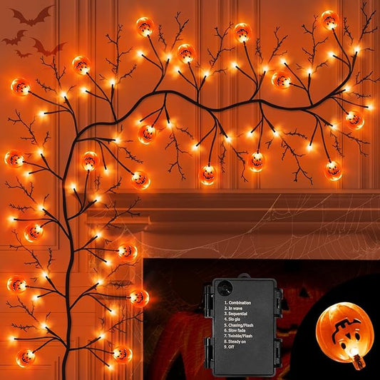 7 Ft 63 LED Halloween Decorations Willow Vine Twig Garland with 8 Modes Timer 21 Pumpkin Orange Lights, Halloween Garland with Waterproof Battery Operated for Indoor Wall Fireplace Decorations-CasaMuseHome