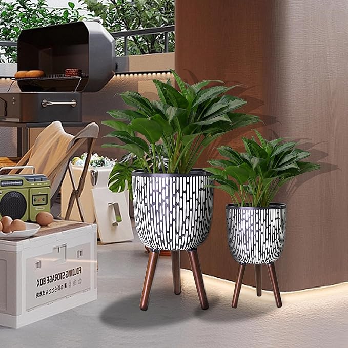 2 Set Plant Pot with Stand 10 & 12 inches, Mid-Century Large Planter with Legs for Indoor Plants, Boho Print Standing Plant Pot with Drainage Plug for Monstera, Herb, Succulent Flower Pot-CasaMuseHome
