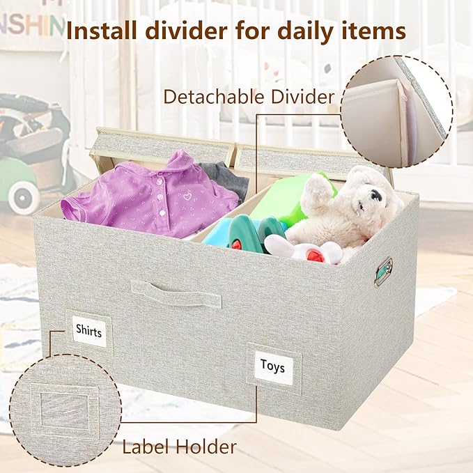 75 Quart Extra Large Decorative Collapsible Storage Bins with Lids, 1 Pack Beige Stackable Boxes-CasaMuseHome