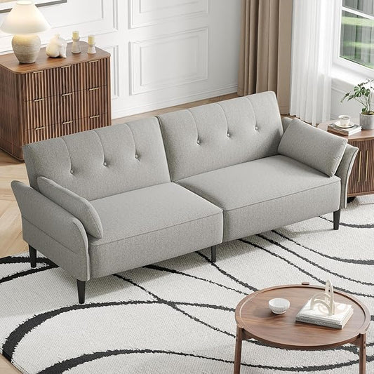 89” Futon Sofa Bed, Linen Comfy Futon Couch Bed with 2 Square Pillows, Convertible Sleeper Sofa with Adjustable Backrest& Armrests, Modern Loveseat Sleeper for Living Room, Bedroom, Light Gray-CasaMuseHome