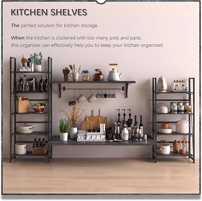 4NM No Assembly Foldable Bookshelf, 5-Shelf Collapsible Bookcase Storage for Small Spaces, 62.2" H, Gray and Black-CasaMuseHome