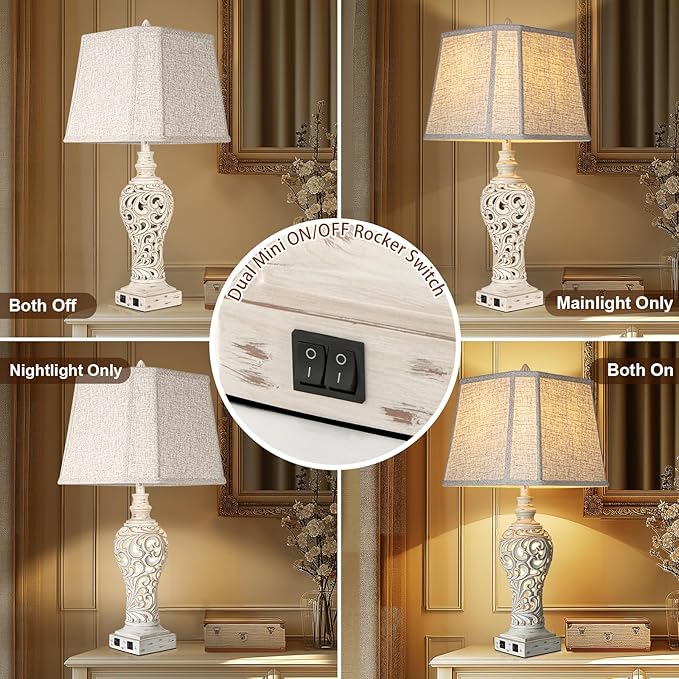 32" Tall Table Lamps Set of 2 - Bedside Lamp with Fabric Shades - for Bedroom and Living Room with USB and Nightlight - Perfect for Nightstands and Bedrooms - Bulbs Included-CasaMuseHome