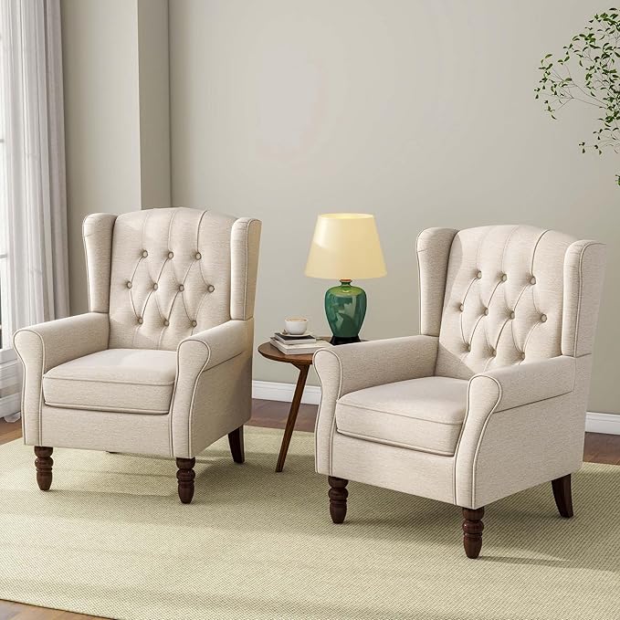 Accent Chair, Upholstered Armchair with Button Tufted High Back & Solid Wood Legs, Comfy Wingback Reading Single Sofa Chair for Small Spaces, Living Room, Bedroom (Beige, Set of 1)-CasaMuseHome