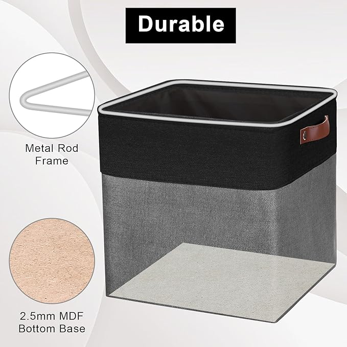 13x13 Cube Storage Bins, Collapsible Fabric Storage Box, 4 Pack Closet Baskets with Handles for Organizing, Shelf, Toys, Clothes, Home, Office, Nursery (Grey&Black)-CasaMuseHome