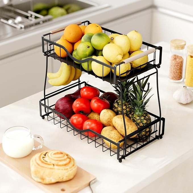 2 Tier Fruit Basket with 2 Banana Hangers, Fruit Bowl for Kitchen Countertop with 2 Wooden Handle, Detachable Metal Fruit Holder for Vegetable Bread with 2 Protective Pads, Black-CasaMuseHome
