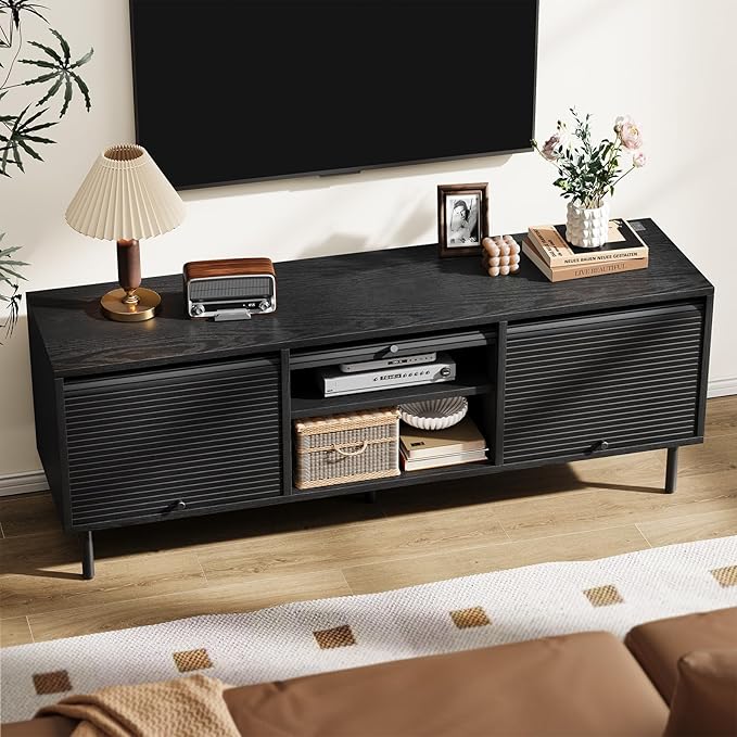 59 Inch TV Stand with Power Outlet for TVs up to 65 Inch, Entertainment Center with Storage, Mid-Century Modern TV Console, Adjustable Shelf & Sliding Doors, TV Stand for Living Room, Bedroom, Black-CasaMuseHome