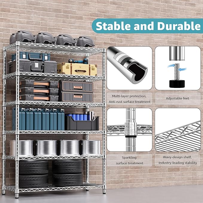 4080 lbs Steel Storage Shelving 6-Tier Utility Shelving Unit Steel Organizer Wire Rack for Home,Kitchen,Office,Garage, 17.7" D x 47.2" W x 72.3" H-CasaMuseHome